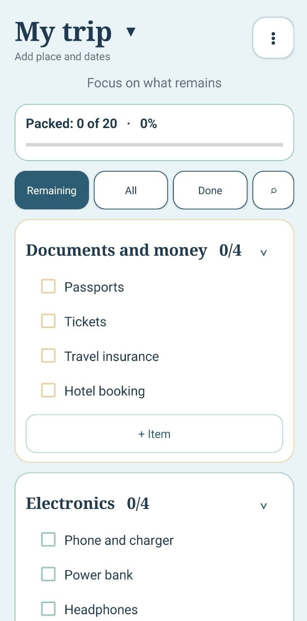 GoList showing a travel packing checklist with progress and categories